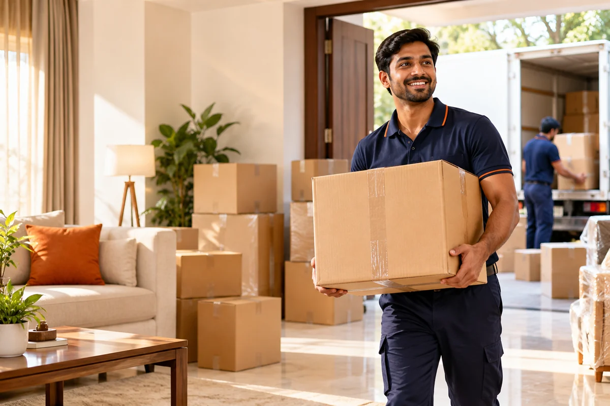 Professional mover carrying a packed box in a bright home, with moving cartons and a relocation truck